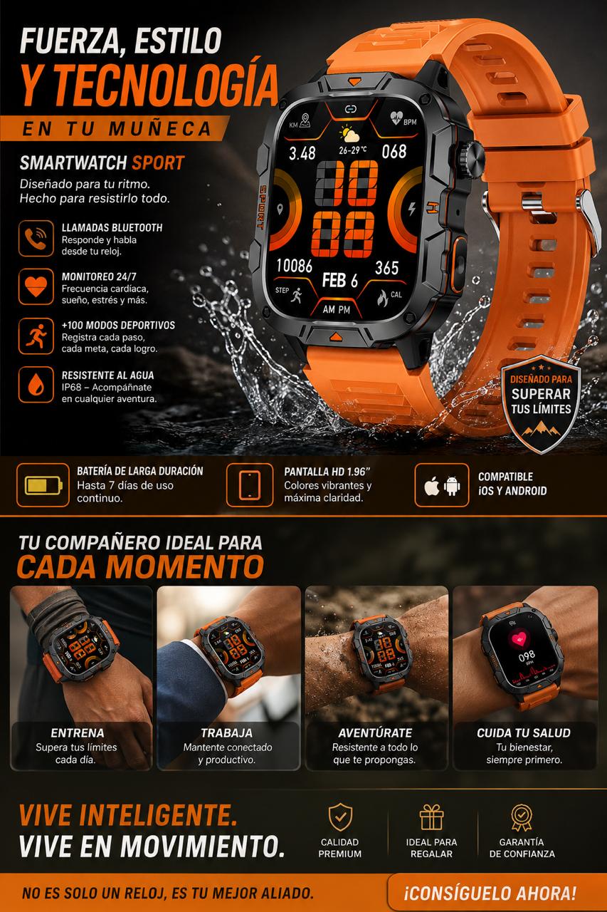 Reloj Inteligente Deportivo para Hombre con Linterna para Exteriores, Pantalla Grande de 1.96 Pulgadas, Smartwatch Impermeable IP68