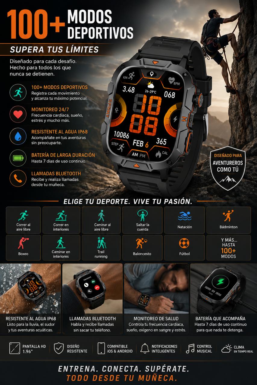 Reloj Inteligente Deportivo para Hombre con Linterna para Exteriores, Pantalla Grande de 1.96 Pulgadas, Smartwatch Impermeable IP68