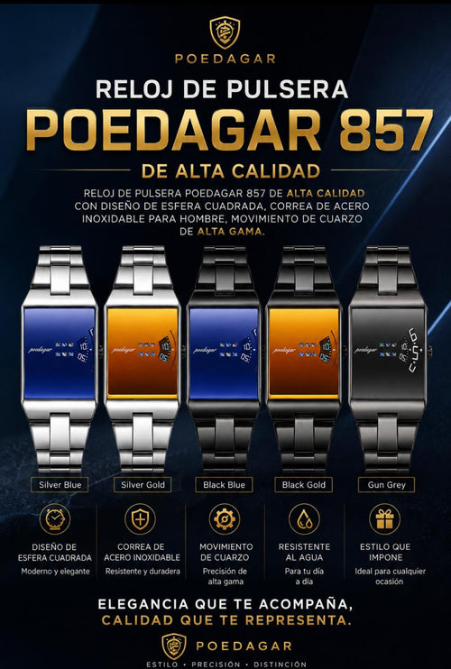Reloj de Pulsera Poedagar 857 de Alta Calidad con Diseño de Esfera Cuadrada, Correa de Acero Inoxidable para Hombre. Este producto incluye caja.