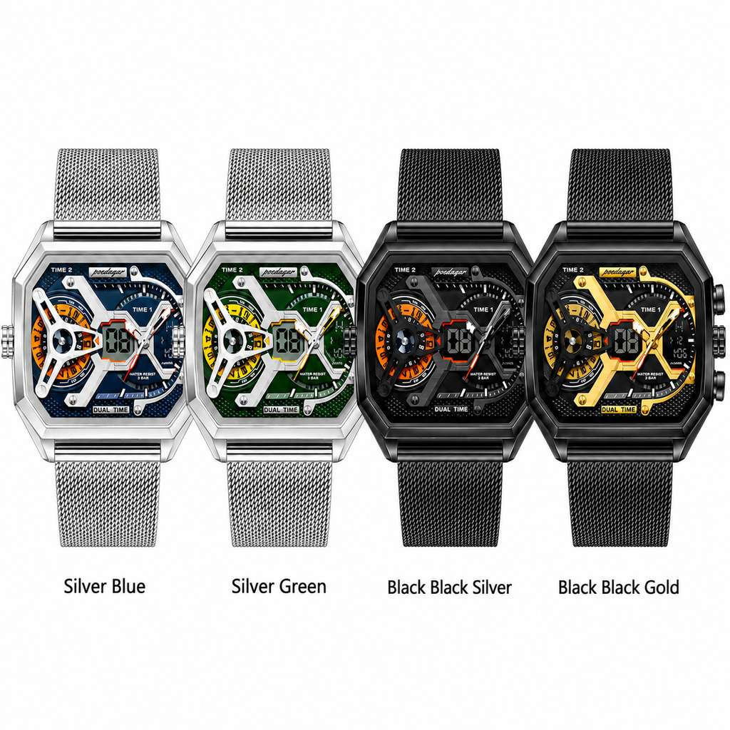 Reloj Deportivo POEDAGAR E106 Luminoso con Doble Pantalla, Resistente al Agua, de Cuarzo, Digital, de Lujo, con Cronógrafo LED Electrónico para Hombre. Este producto incluye caja.