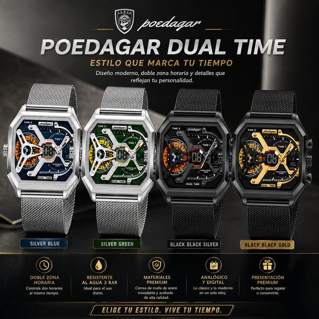 Reloj Deportivo POEDAGAR E106 Luminoso con Doble Pantalla, Resistente al Agua, de Cuarzo, Digital, de Lujo, con Cronógrafo LED Electrónico para Hombre. Este producto incluye caja.