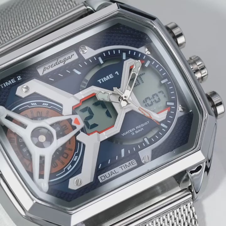 Reloj Deportivo POEDAGAR E106 Luminoso con Doble Pantalla, Resistente al Agua, de Cuarzo, Digital, de Lujo, con Cronógrafo LED Electrónico para Hombre. Este producto incluye caja.